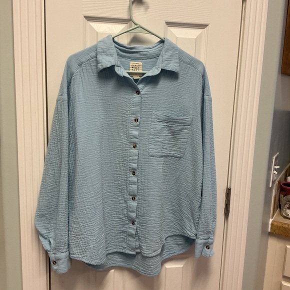 Billabong Tops - Billabong Women’s SZ L Blue Long sleeve Gauze Button Up Top Blouse Beach